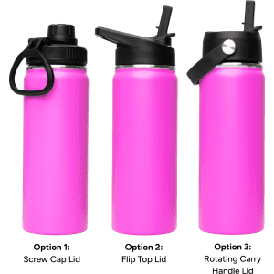 A drink bottle set featuring three pink 500ml vacuum bottles with different lid options: screw cap, flip top, and rotating carry handle.