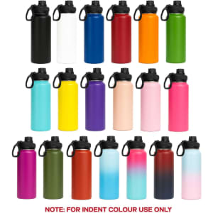 A drink bottle collection featuring various colours including white, orange, purple, blue, pink, and a gradient design, with screw cap lids.
