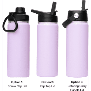 A drink bottle in lavender with three lid options: screw cap, flip top, and rotating carry handle. Features a logo.