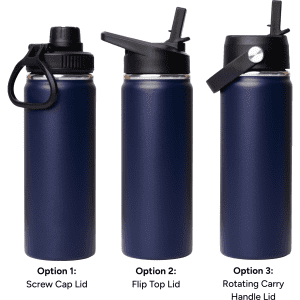 A drink bottle set featuring three navy blue vacuum flasks with different lid options: screw cap, flip top, and rotating carry handle.
