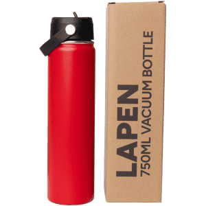 A drink bottle in bright red, shown next to its box, featuring a logo and a black lid.