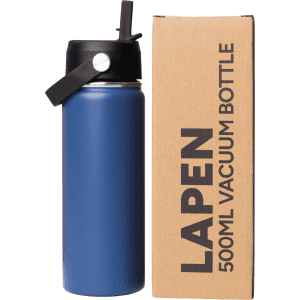 A drink bottle in blue with a black lid stands beside its cardboard packaging, featuring a logo.