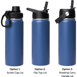 A drink bottle featuring a blue finish, with three different lid options: screw cap, flip top, and rotating carry handle.