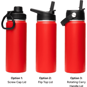 A drink bottle collection featuring a red 500ml vacuum bottle with three lid options: screw cap, flip top, and rotating carry handle.