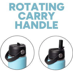A drink bottle with a light blue exterior and black rotating carry handle, featuring two lid options.