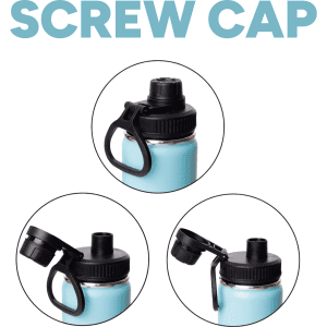 A drink bottle in light blue featuring three different black lid options, including a screw cap. It has a logo on the side.