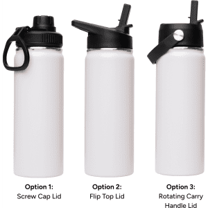 A drink bottle collection featuring three white 500ml vacuum bottles with different lid options: screw cap, flip top, and rotating carry handle.