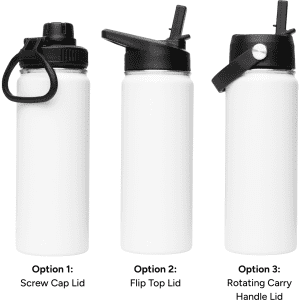 A drink bottle featuring a white body and three lid options: screw cap, flip top, and rotating carry handle.