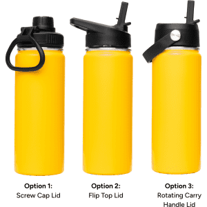 A drink bottle set featuring a vibrant yellow 500ml vacuum flask with three lid options: screw cap, flip top, and rotating carry handle.