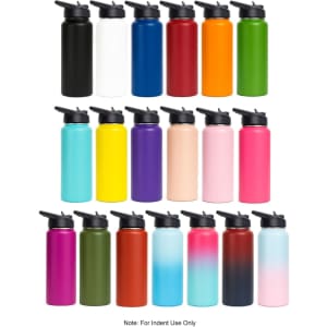A drink bottle collection featuring various colours including black, white, orange, green, purple, and pink, with flip top lids.
