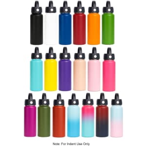 A drink bottle display featuring various colours including black, white, blue, orange, yellow, purple, pink, and green with carry handle lids.