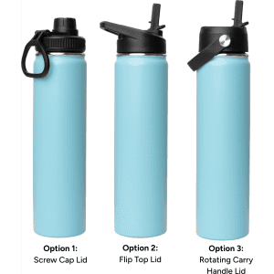 A drink bottle in light blue featuring three lid options: screw cap, flip top, and rotating carry handle.