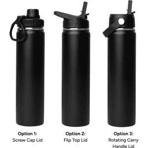 A drink bottle in matte black with three lid options: screw cap, flip top, and rotating carry handle.
