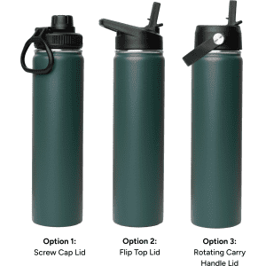 A drink bottle in green, featuring three lid options: screw cap, flip top, and rotating carry handle.