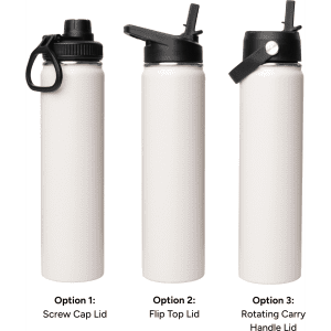 A drink bottle in white featuring three different lid options: screw cap, flip top, and rotating carry handle.
