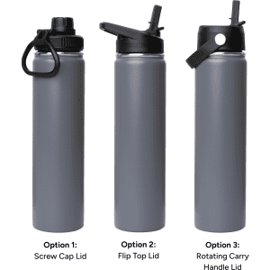 A drink bottle featuring a sleek grey design with three different lid options: screw cap, flip top, and rotating carry handle.