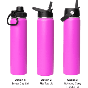 A drink bottle in vibrant pink featuring three different lid options: screw cap, flip top, and rotating carry handle.