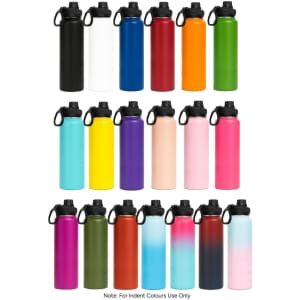 A drink bottle collection featuring various colours, including black, white, orange, purple, pink, and green, with screw cap lids.