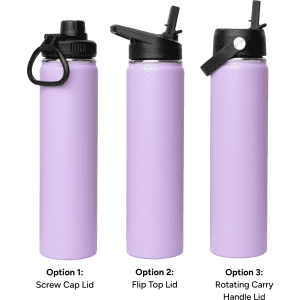 A drink bottle set featuring three 750ml vacuum bottles in lavender, each with different lid options: screw cap, flip top, and rotating carry handle.