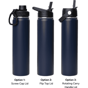 A drink bottle featuring a dark navy finish, with three lid options: screw cap, flip top, and rotating carry handle.