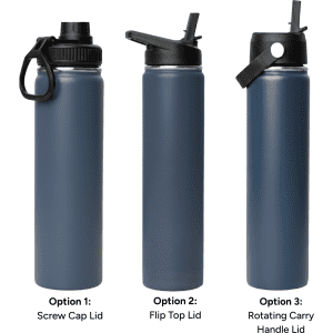 A drink bottle in dark blue featuring three lid options: screw cap, flip top, and rotating carry handle.