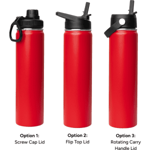 A drink bottle set featuring a red 750ml vacuum bottle with three lid options: screw cap, flip top, and rotating carry handle.