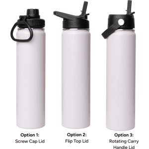 A drink bottle trio in white, featuring a screw cap lid, flip top lid, and rotating carry handle lid.