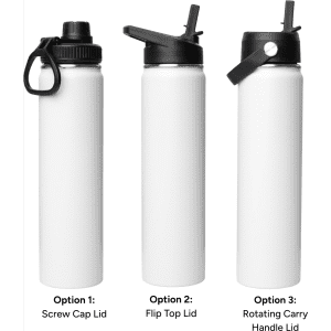 A drink bottle with a sleek white design featuring three lid options: screw cap, flip top, and rotating carry handle.