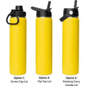 A drink bottle in yellow with three different lid options: screw cap, flip top, and rotating carry handle.