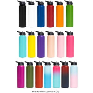 A drink bottle collection featuring various colours, including black, white, blue, green, purple, yellow, pink, and red, with flip-top lids.