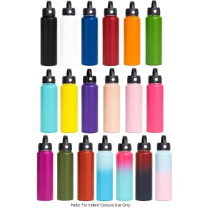 A drink bottle collection featuring various colours, including black, white, orange, yellow, green, and more, with a lid and carry handle.