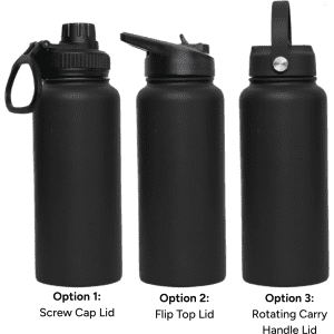 A drink bottle featuring a black 1L vacuum design with three lid options: screw cap, flip top, and rotating carry handle.