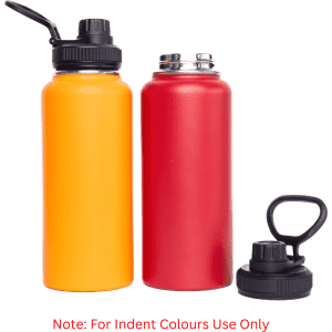 A drink bottle set featuring a yellow flask, a red flask, and a black lid option, with a logo on the bottles.
