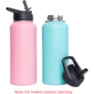 A drink bottle set featuring a pink and a turquoise 1L vacuum bottle, each with different lid options.