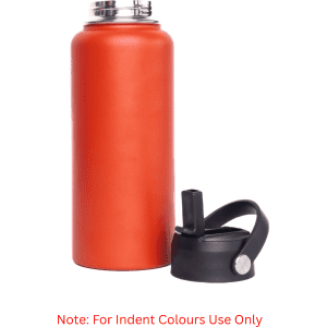 A drink bottle in vibrant orange with a removable black lid option. Features a sleek design with a logo.