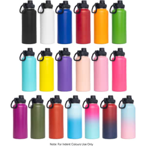 A drink bottle collection featuring various colours, each with a screw cap lid and a logo.