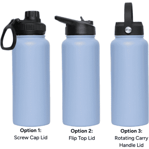 A drink bottle with three lid options: screw cap, flip top, and rotating carry handle, in light blue colour.