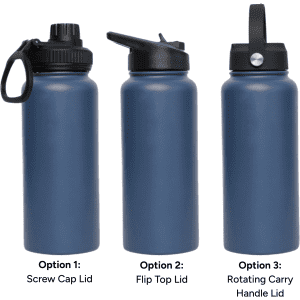 A drink bottle in navy blue with three lid options: screw cap, flip top, and rotating carry handle.