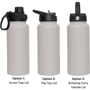 A drink bottle in grey featuring three lid options: a screw cap, a flip top, and a rotating carry handle.