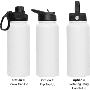 A drink bottle featuring a white body and three lid options: screw cap, flip top, and a rotating carry handle.