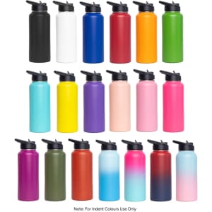A drink bottle display featuring various colours, including black, white, green, blue, pink, and more, with flip top lids.