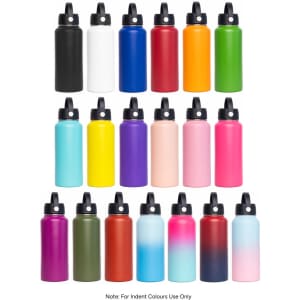 A drink bottle collection featuring various colours, including black, white, red, yellow, purple, pink, and gradient designs.
