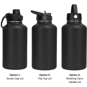 A drink bottle set featuring three black vacuum bottles with different lid options: screw cap, flip top, and rotating carry handle.