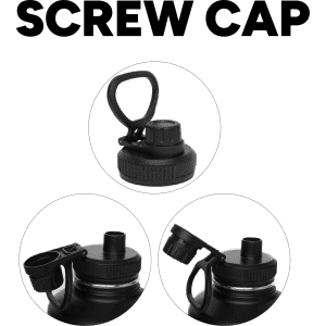 A drink bottle with a black screw cap and a loop for easy carrying, featuring three lid options.