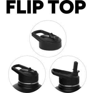A drink bottle with a black flip-top lid, featuring multiple lid designs and a sturdy handle. Includes branding.