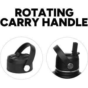 A drink bottle with a black rotating carry handle and two different lid options. It features a simple, sleek design.