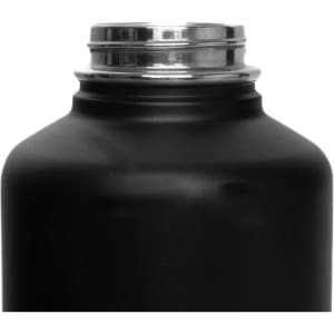 A drink bottle in matte black with a stainless steel screw cap lid. Features a logo on the surface.