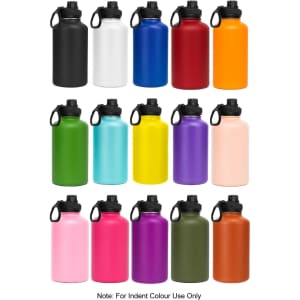 A drink bottle collection featuring various colours including black, white, orange, pink, green, purple, and more, with screw cap lids.