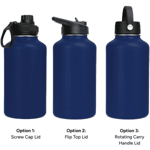 A drink bottle in navy blue with three lid options: screw cap, flip top, and rotating carry handle.