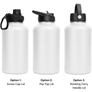 A drink bottle featuring three lid options: screw cap, flip top, and rotating carry handle, in a sleek white design.